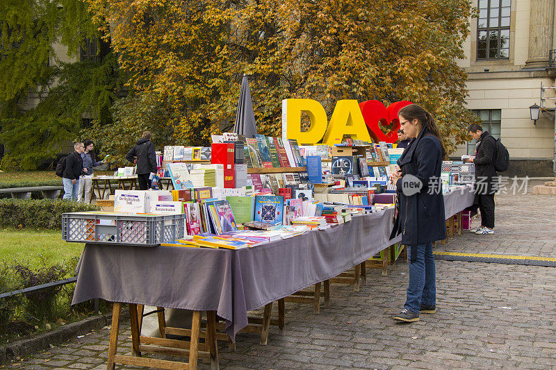 柏林中心的跳蚤市场。书出售。年轻女子bay books。